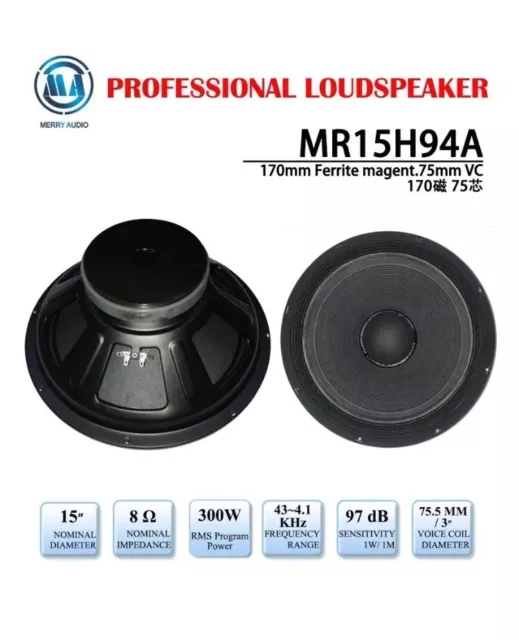 Merry Audio High Quality 15" inch 300 Watts RMS 8 OHMS PA Full Range Loudspeaker