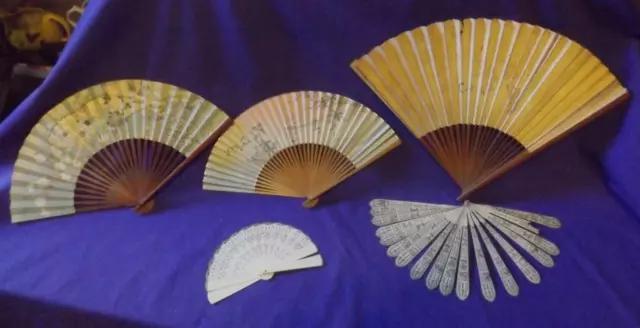 FIVE Vintage Paper & Bamboo & CERAMIC Oriental Hand Fans. CHINESE / JAPANESE