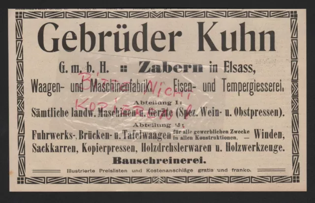 ZABERN, Werbung 1912, Gebrüder Kuhn GmbH Waagen-Maschinen-Fabrik