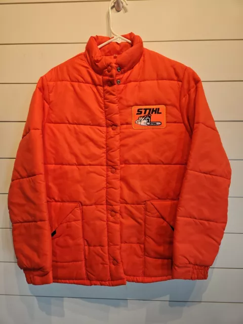 VTG STIHL CHAINSAW Logging Lumberjack Orange Farm Puffer Coat Jacket ...