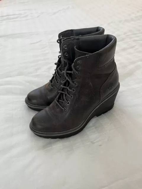 Timberland Hill Women's Size 6.5M Shoes Black Leather Lace Up Wedge Career Boots