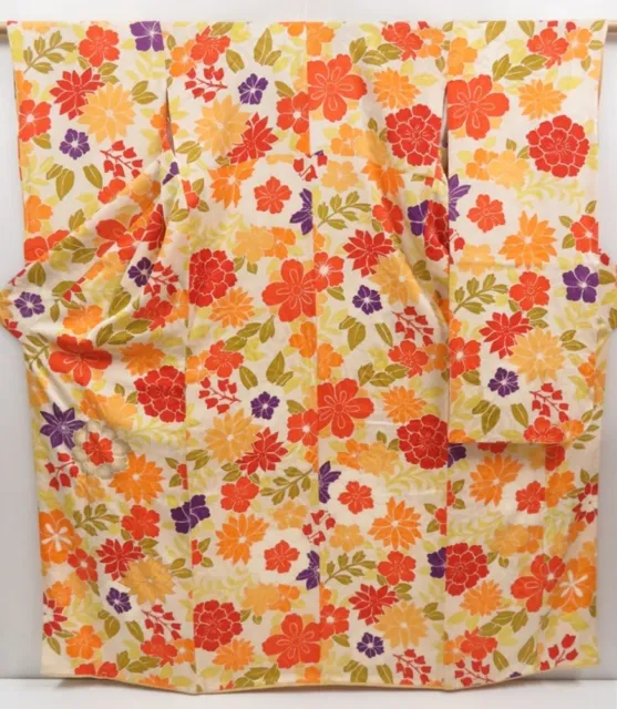 2925T03z1200  Japanese Kimono Silk FURISODE Flowers Off-white