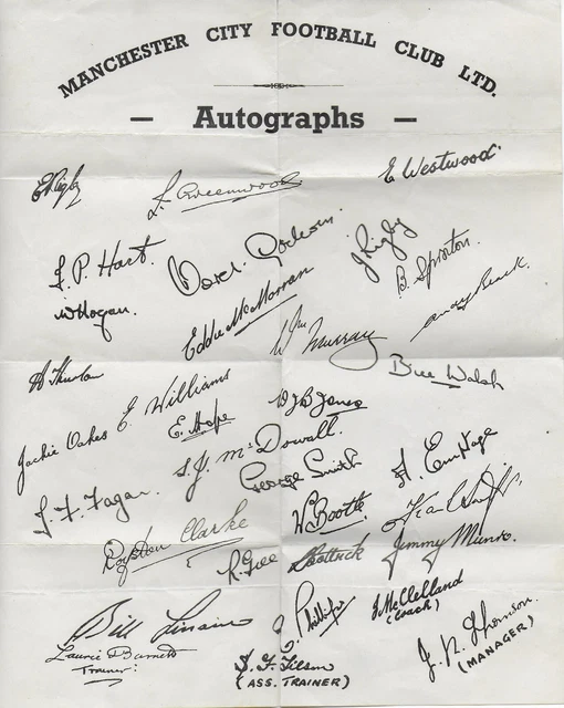 Autigraph Sheet MANCHESTER CITY AUTOGRAPH Sheet Jock Thomson was manager Circa 47-50 ...