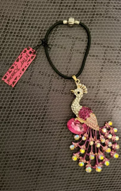 Betsey Johnson Crystal Hot Pink Peacock Gold Pendant Bling  Iridescent Sparkle