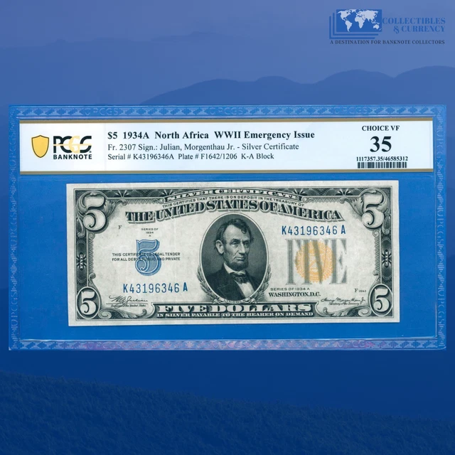 Fr.2307 1934A $5 Silver Certificate Yellow Seal "North Africa", PCGS 35 #96346
