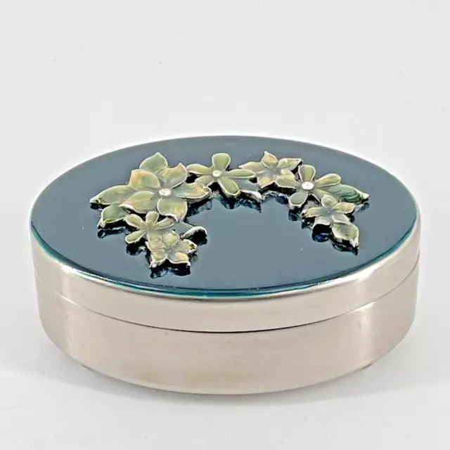 Pottery Barn Green Enamel Metal Jewelry Trinket Box Rhinestones Velvet Lined