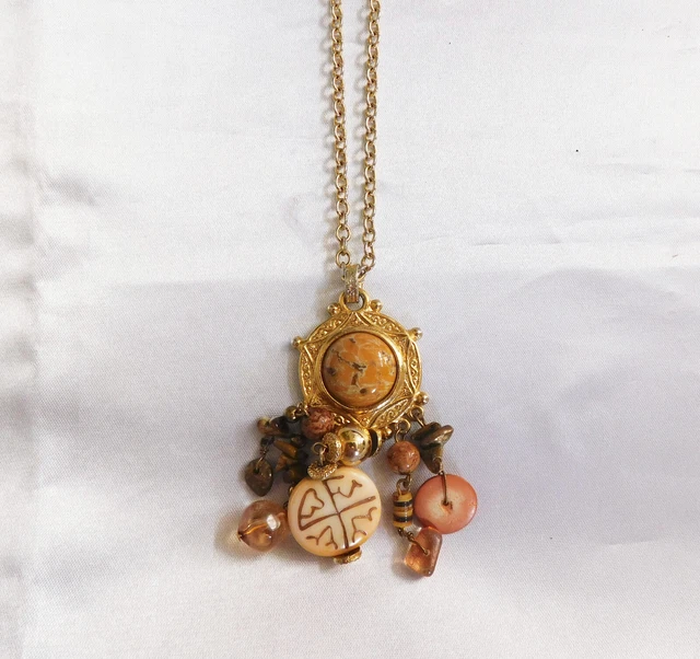 Long Gold Tone Necklace with Hanging Charms