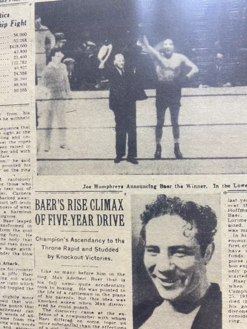 Vintage Newspaper Headline~Max Baer World Champ Beats Primo Carnera 1934 Boxing