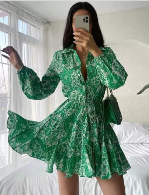 ZARA VERT CACHEMIRE Imprime Floral Mini Robe Chemise Volumineux Patineuse Fronce EUR 31 54 PicClick FR