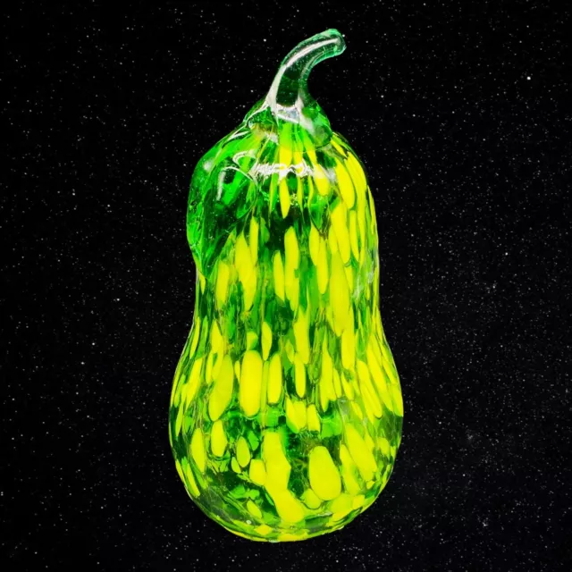 Vintage Art Glass Yellow Green Mottled Pear Fruit Hand Blown 7.25”T 3”W