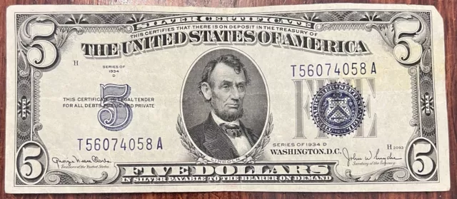 1934 D Five DOLLAR SILVER CERTIFICATE $5 Note Bill NICE