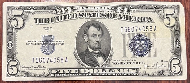 1934 D Five DOLLAR SILVER CERTIFICATE $5 Note Bill NICE