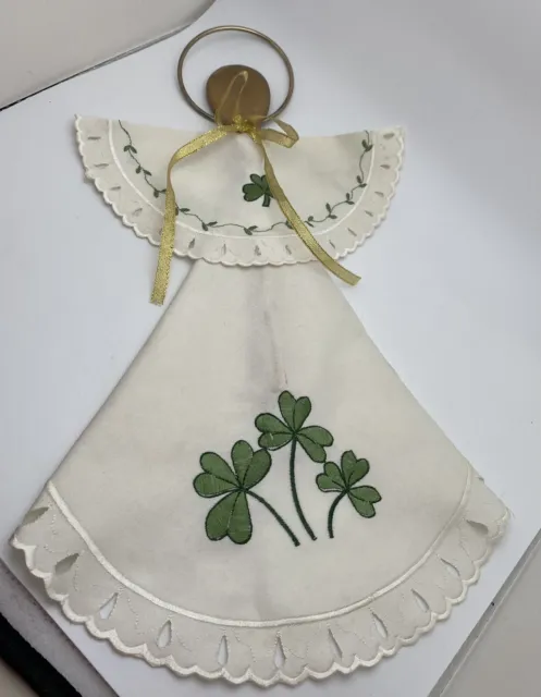 Irish Linen Embroidered W/ Shamrocks Wooden Spoon Angel W/ Halo Wall Hanging