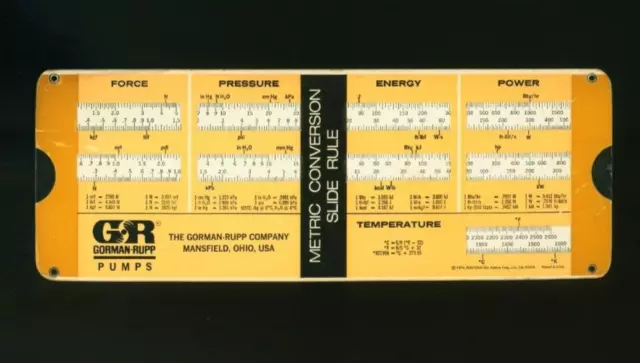 Metric Conversion Slide Rule Gorman-Rupp Company Mansfield OH ©1974 Perrygraph