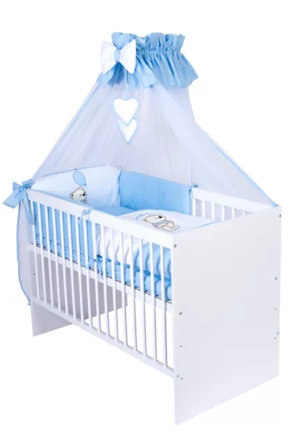 Babybett T1 mit 11-tlg Komplett-Set Bettwäsche Matratze Nestchen Teddy blau Neu