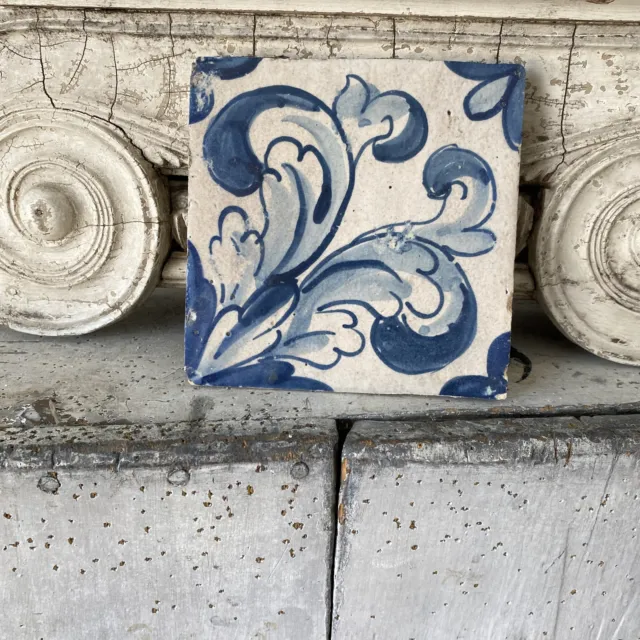 17th century 1600's Antique blue Portuguese Tile handmade hand painted Unique d
