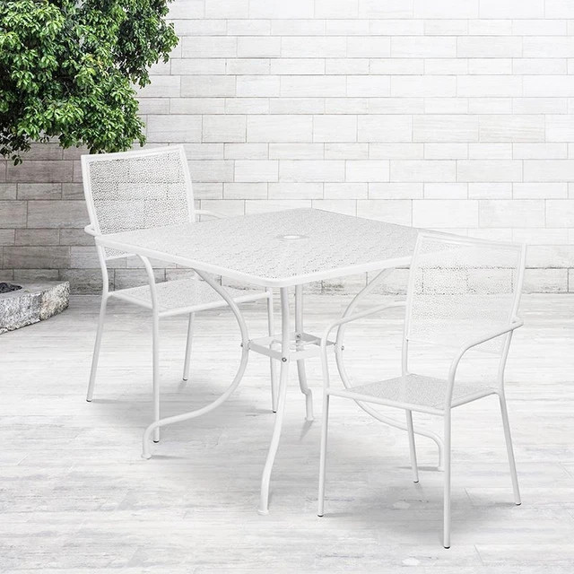 Commercial Grade 35.5" Square White Indoor/Outdoor Steel Patio Table Set w/2 Squ