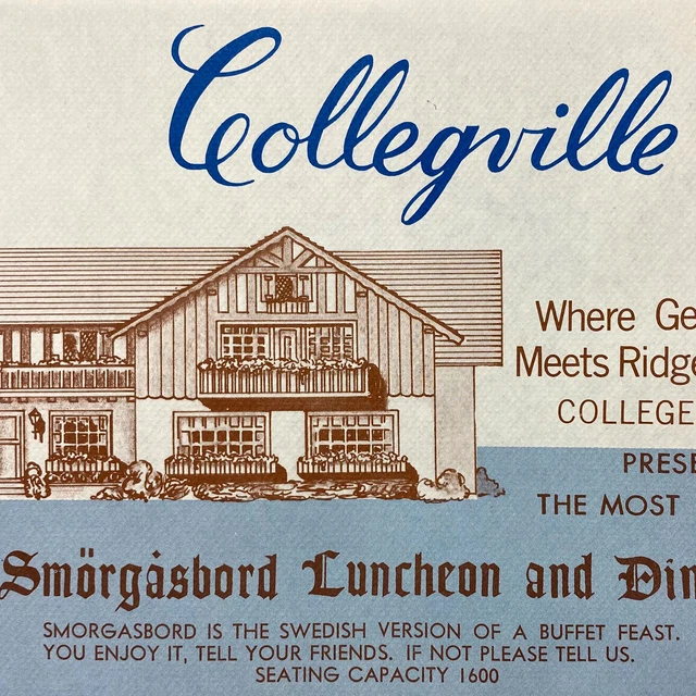 1950s Collegville Inn Smorgasbord Swedish Buffet Placemat Collegeville PA