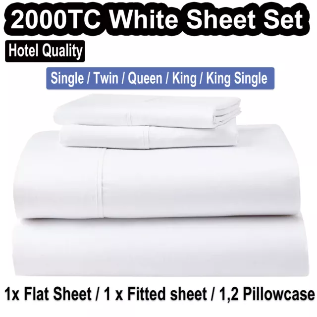 2000TC Hotel Sheet Set Flat Fitted Sheet Pillowcase Bed Double Queen King Single