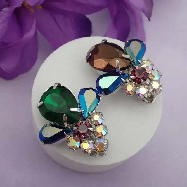 Vintage Green Purple Teal AB Rhinestone Silver Tone Teardrop Clip Earrings