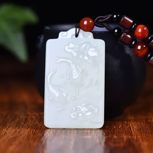 Chinese Hetian White Jade Hand Carving Animal Lotus Flower Cyprinoid Pendant