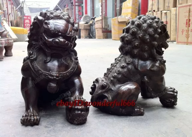 Collectables Bronze Fengshui Door Guardian Lion Fu Foo Dogs Pair Statue Big 20cm