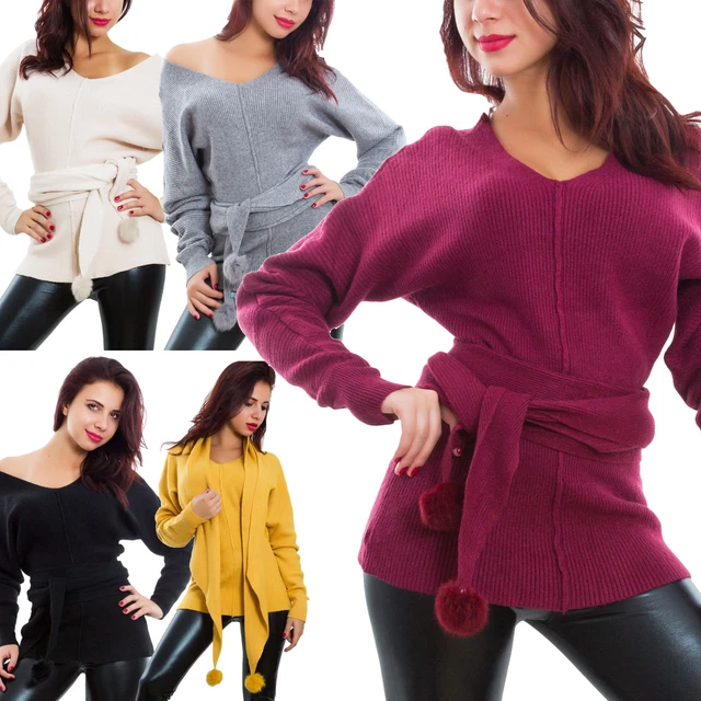 Maglione donna maxi scollo V sciarpa pompom pullover pipistrello sexy C127