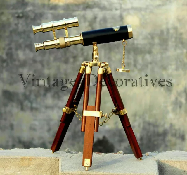 Brass Telescope Nautical Double Barrel Marine Wooden Tripod Stand Decor Gift