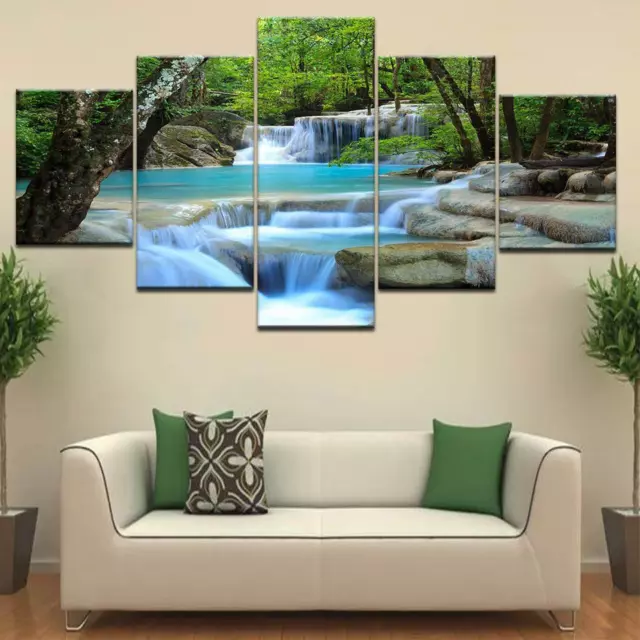 Beautiful Natural Waterfall & River Forest Framed 5 Piece Canvas Wall Art