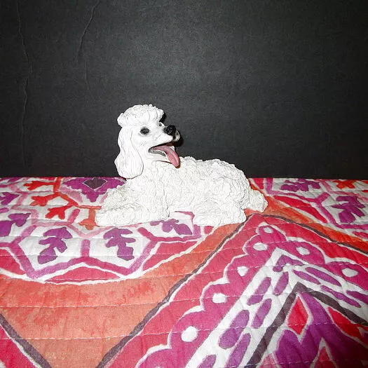 Vtg WHITE Laying Down FRENCH POODLE Puppy Dog PAWS CROSSED Tongue Out Figurine