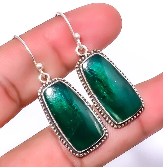 Green Aventurine Handmade 925 Sterling Silver Jewelry Earring 1.76" A313