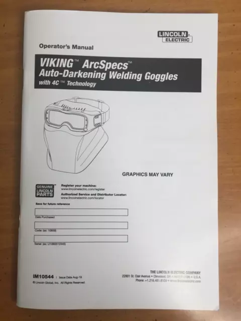 Manual for Lincoln Electric KP4643-1 ArcSpecs Auto-Darkening Welding Goggles