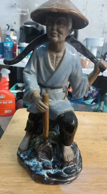 Chinese Mudman clay man carrying water with yoke sculpture figurine 13"H it/660