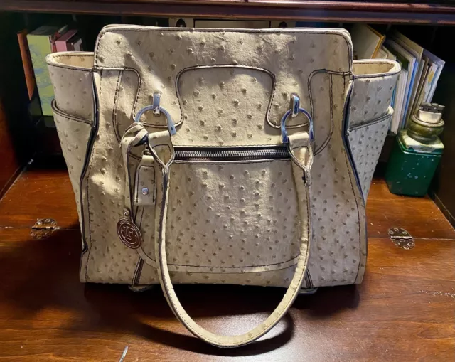 London Fog Vegan Simulated Ostrich Leather Handbag Satchel Double Strap Taupe