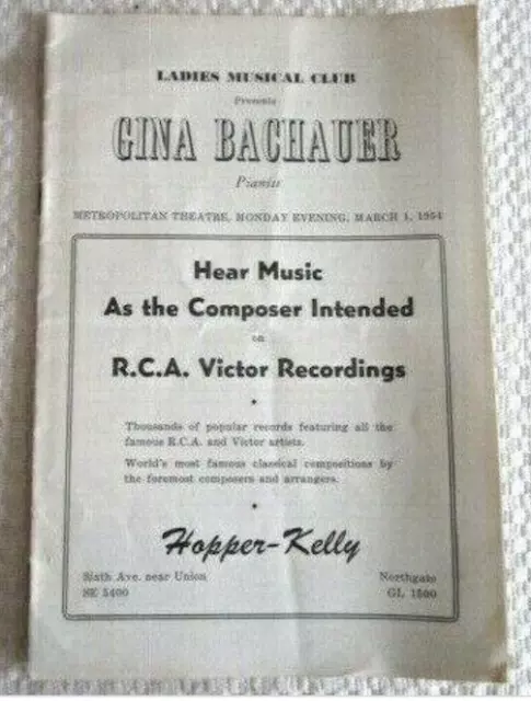 Seattle Metropolitan Theatre -March 1954 Gina Bachauer Sponsors & Program- E8E-9