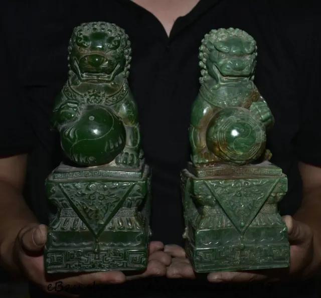 8.8" Old Chinese Green Jade Carving Fengshui Foo Fu Lion Statue Sculpture Pair