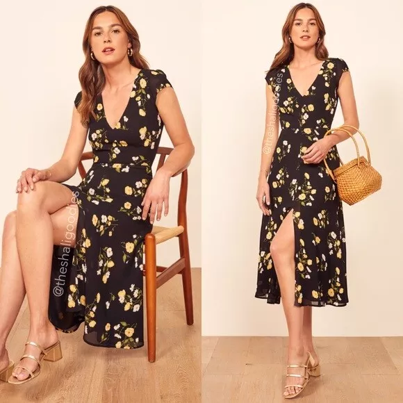 REFORMATION PIAZZA BLACK Floral Print WELLFLEET V Neck Cutout Back Midi Dress 10 188.00 PicClick