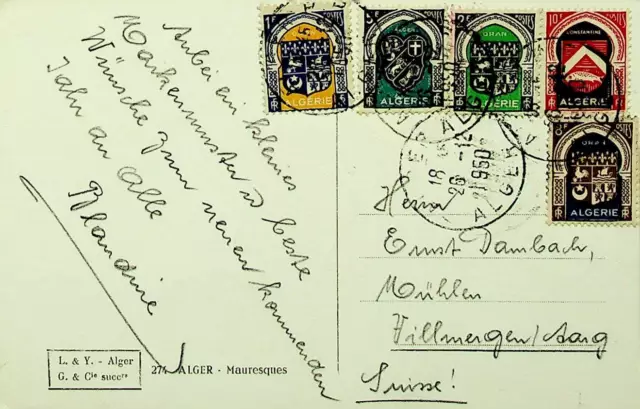 FRANCE ALGERIA 1950 POST WWII 5v ON ALGER MOORISH PPC TO SWITZERLAND