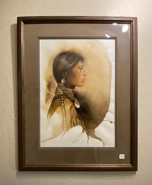 Original Watercolor Portrait "Sioux Maiden", Framed, Alix Mosieur, Listed Artist