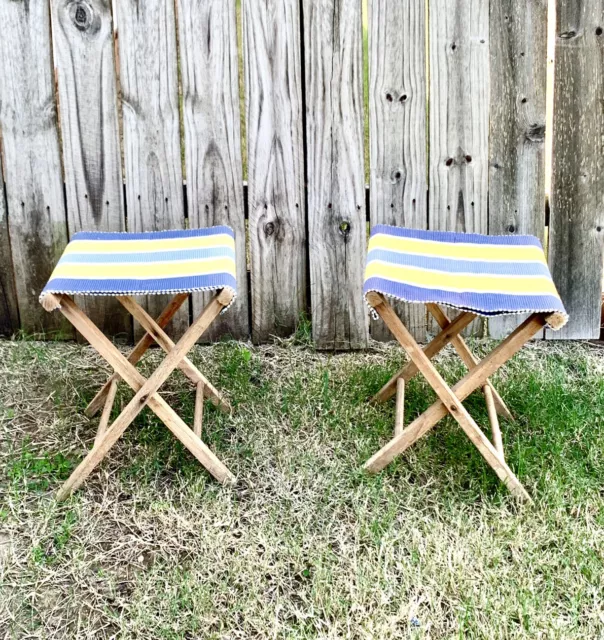 Chair Folding Portable Camp Stool Vintage 1950-1960 Wood & Stripe Canvas Summer