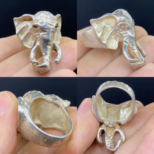 UNIQUE ANTIQUE NEAR EASTERN SOLID SILVER RING WITH Elephant  HEAD