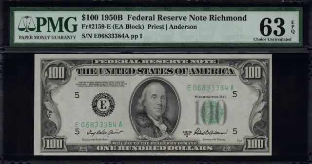 1950B $100 Federal Reserve Note - Richmond - FR. 2159-E - Graded PMG 63 EPQ