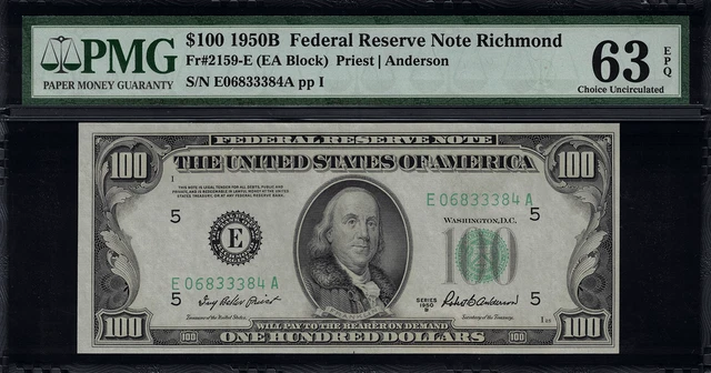 1950B $100 Federal Reserve Note - Richmond - FR. 2159-E - Graded PMG 63 EPQ