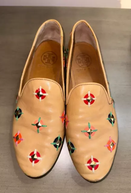 TORY BURCH Jasmine embellished tan leather loafers flats shoes 7 M