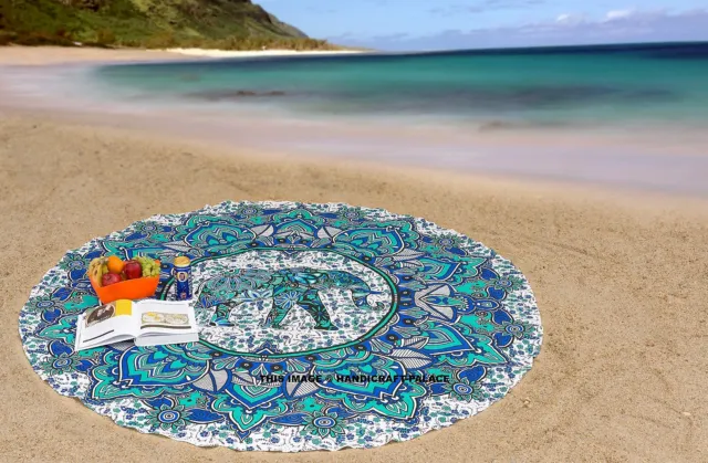Playa Manta Estera de Yoga Algodón Indio Hippie Mandala Elefantes Redondo Verde
