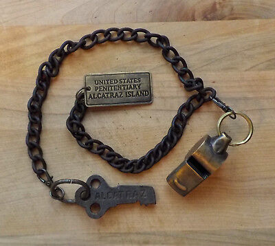 Alcatraz Prison Guard Iron Cell Key, Tag & Solid Brass Whistle