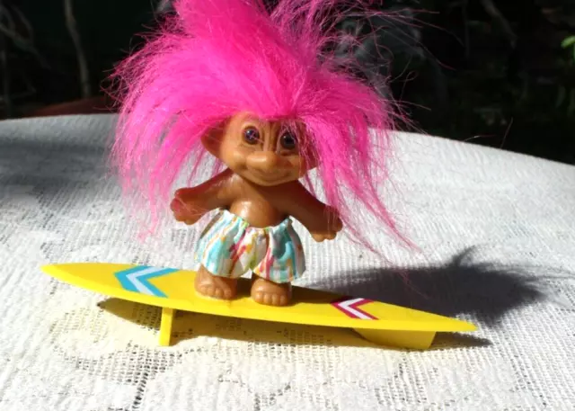 Vintage Russ Surfer  Dude Troll-Pink Hair Doll On Yellow Surf Board-Hang Loose!