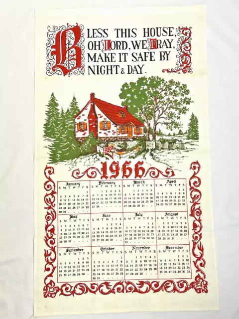 Vintage 1966 Linen Tea Towel Calendar - Bless This House Prayer Wall Hanging