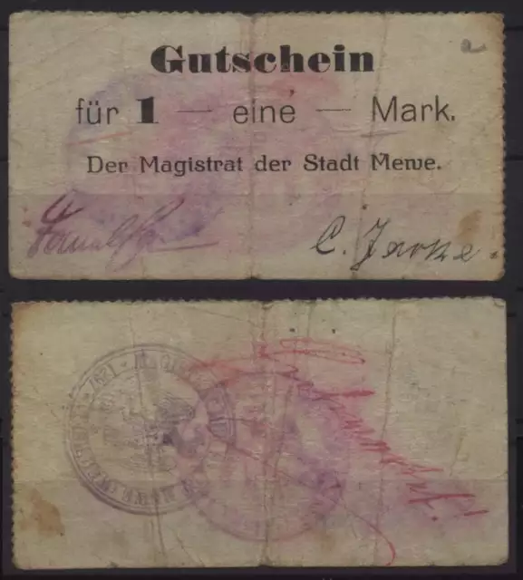 [17235] - NOTGELD MEWE (heute: Gniew), Stadt, 1 Mark, o. D. (1914). Dießner 233.