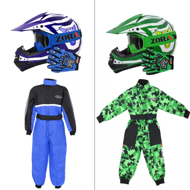ZORAX Green Kids Motocross Motorbike MX Helmet Goggles Gloves Race Suit QUAD